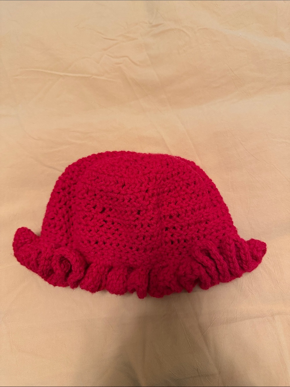 Handmade Red Crochet Ruffle Beanie - Women